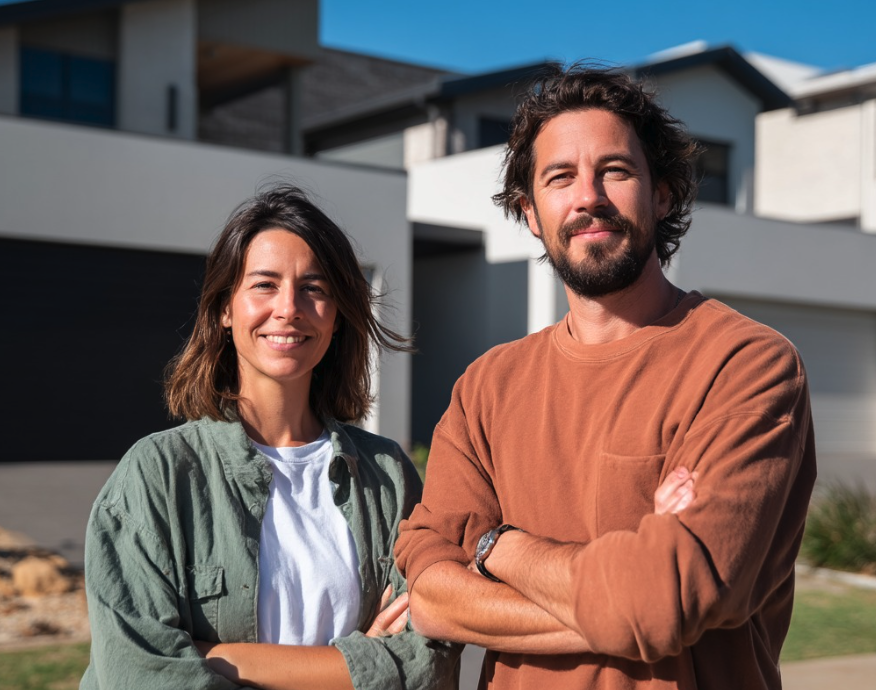 Couple standing in front of their new homes