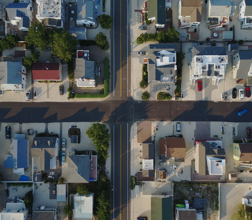 Aerial view of an established residential neighbourhood